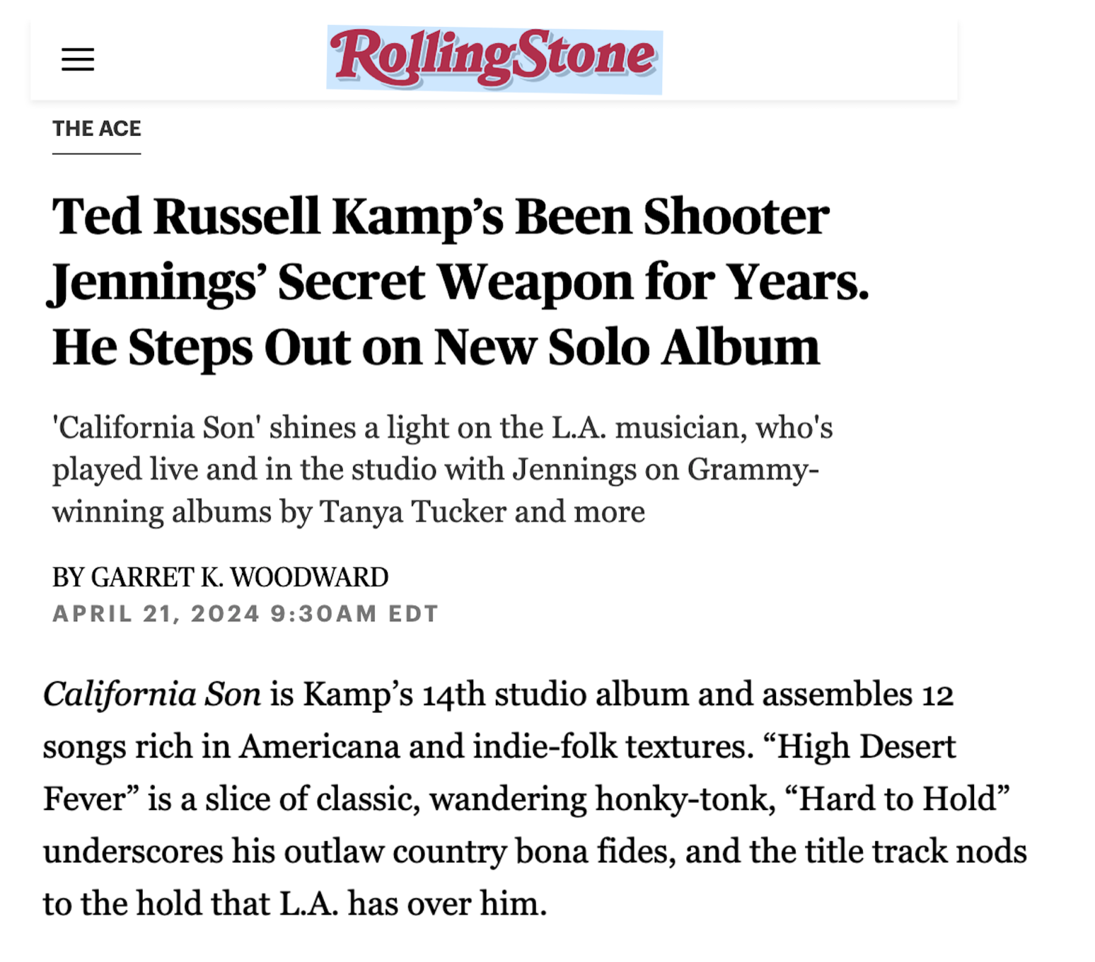TED CO-WRITE SONG FEATURED IN ROLLING STONE MAGAZINE